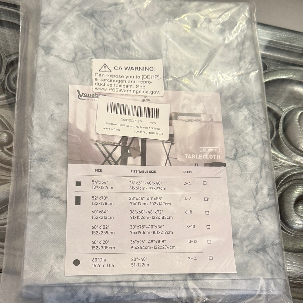 52”x70” Marble Gray Tablecloth